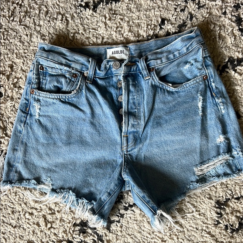 Agolde Distressed Light Blue Jean Shorts